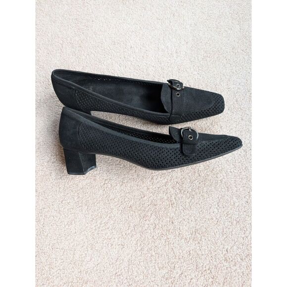Stuart Weitzman Fairfield Black Perforated Suede Heels 8 Pewter Hardware - Picture 2 of 5
